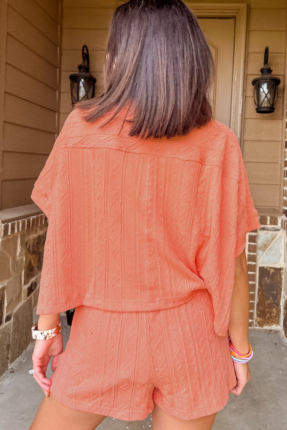 Pale Chestnut Textured Patched Pocket Short Sleeve Top Drawstring Shorts Set eAura