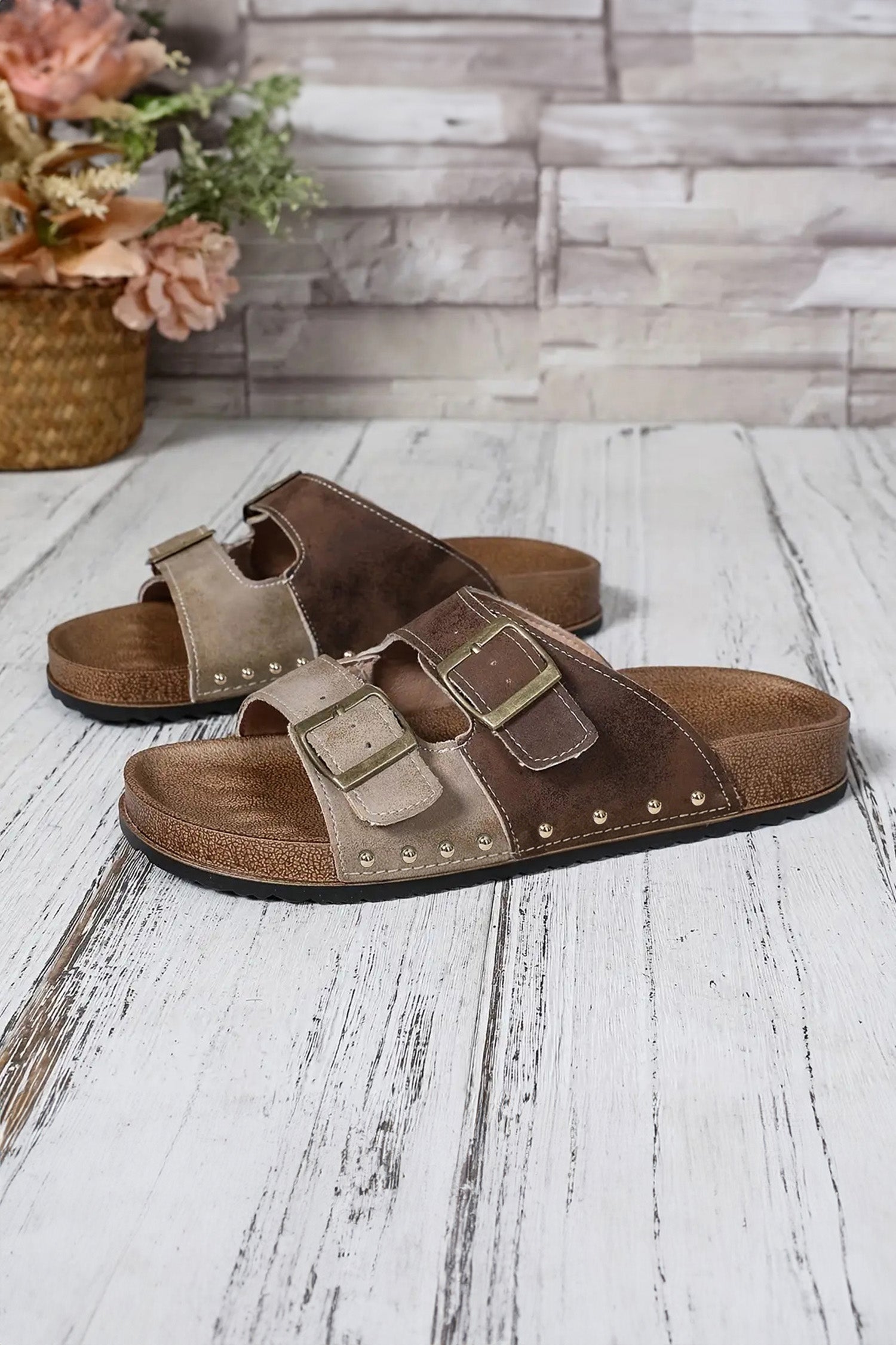 Leopard Two-Tone Buckle Strap Hollowed Faux Suede Sandals
