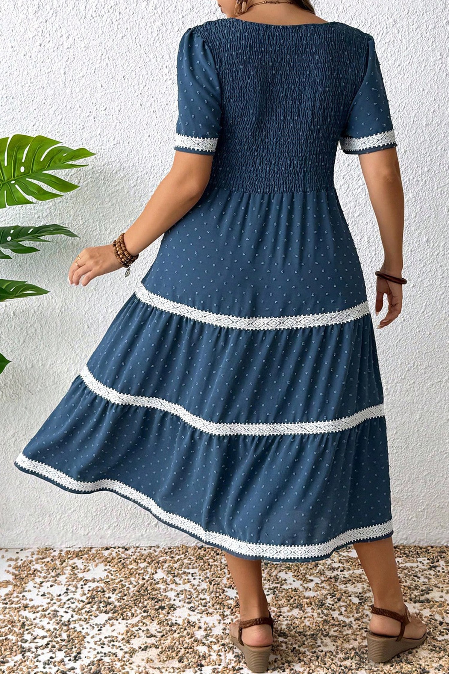 Plus Size V-Neck Swiss Dot Lace Patchwork Detail Flared Midi Dress