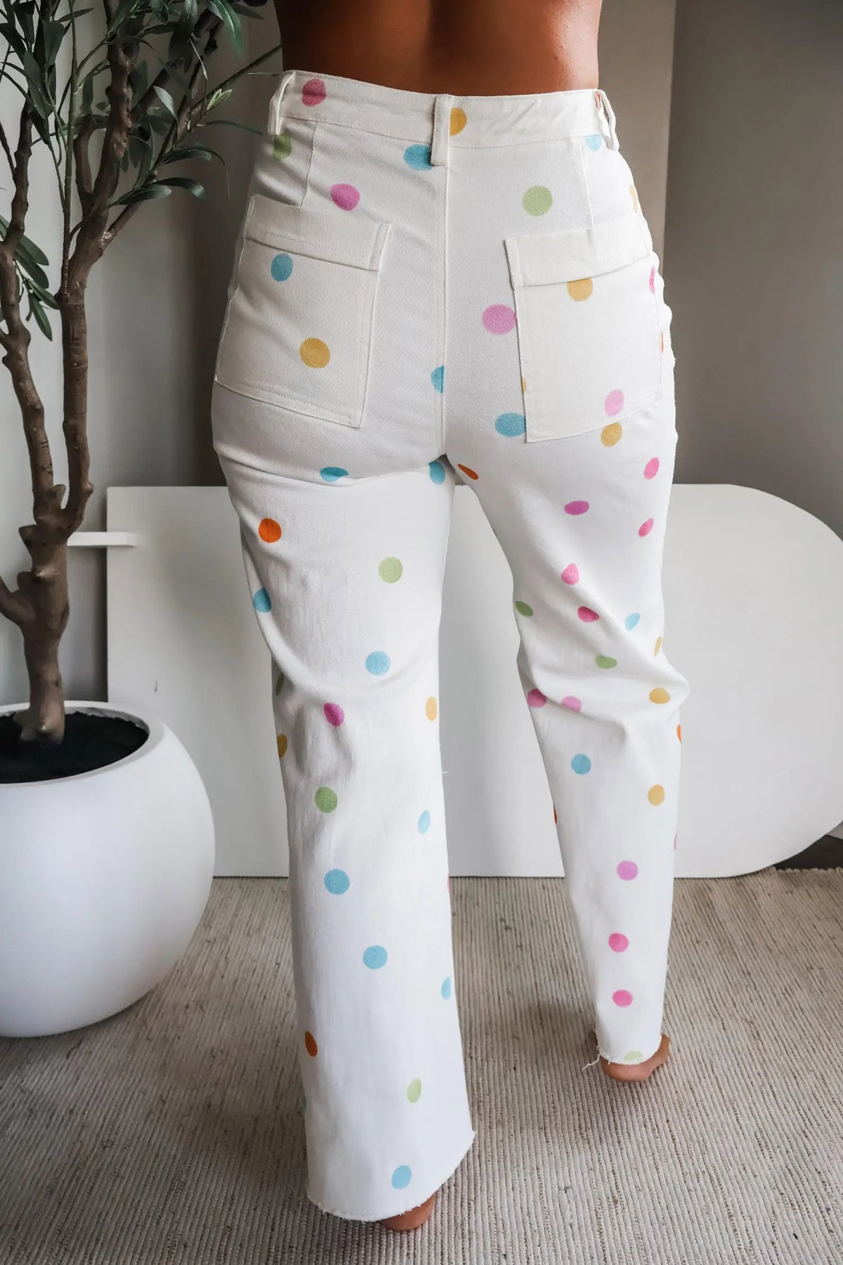 White High Waist Polka Dot Straight Leg Casual Jeans