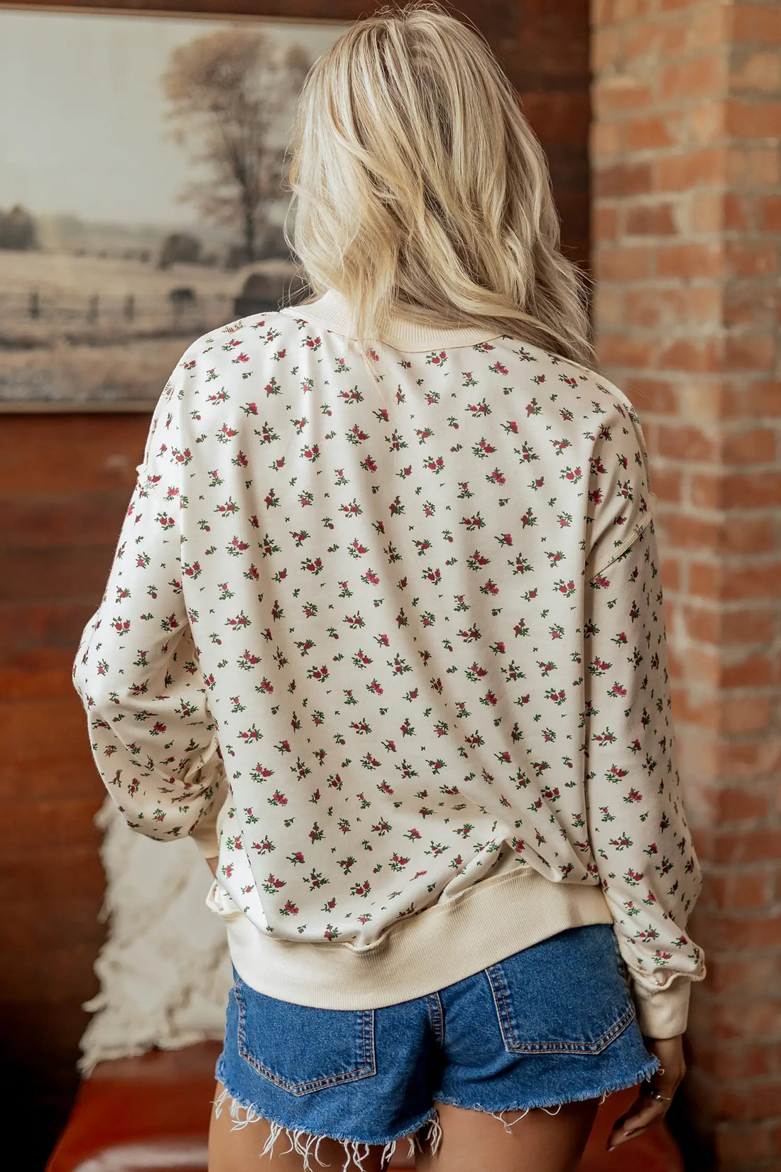 Floral Print Stand Neck Long Sleeve Slogan Sweatshirt – Beige