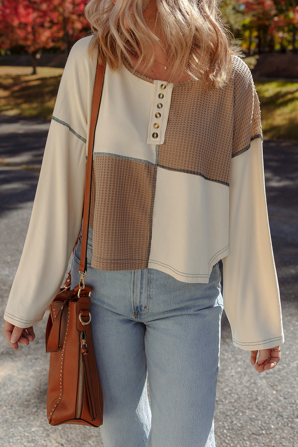 Waffle Stitch Detail Long Sleeve Boxy Top - eAura