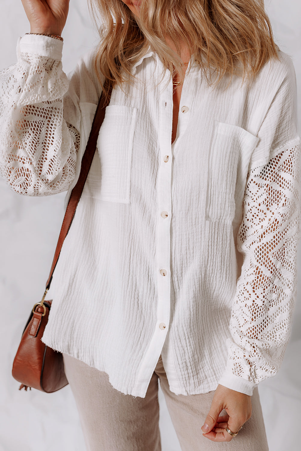 White Cotton Gauze Lace Patchwork Long Sleeve Shirt - eAura