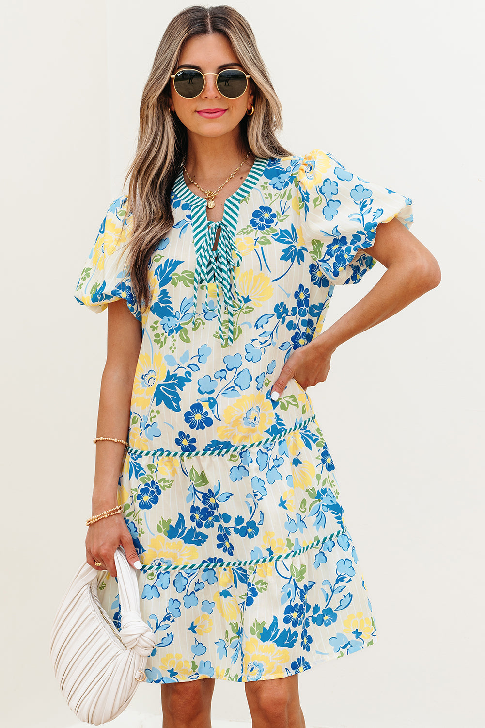Blue Floral Striped Trim Puff Short Sleeve Dress eAura