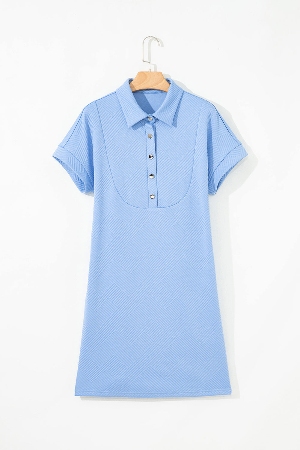 Sky Blue Solid Color Textured Short Sleeve A Line Mini Dress – Light Blue