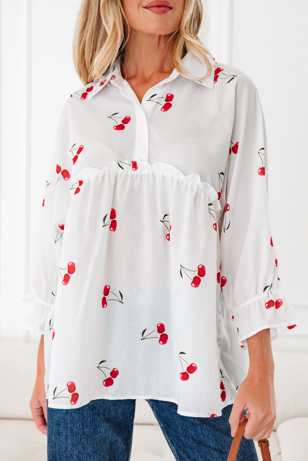 White Cherry Print Collared Frilled Babydoll Blouse - eAura
