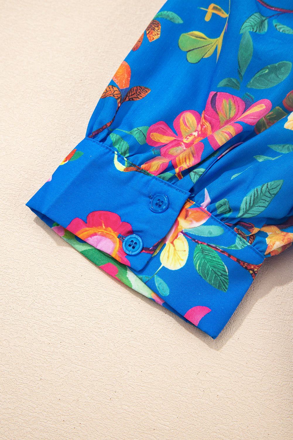 Floral Puff Sleeve Button-Up Shirt – Blue
