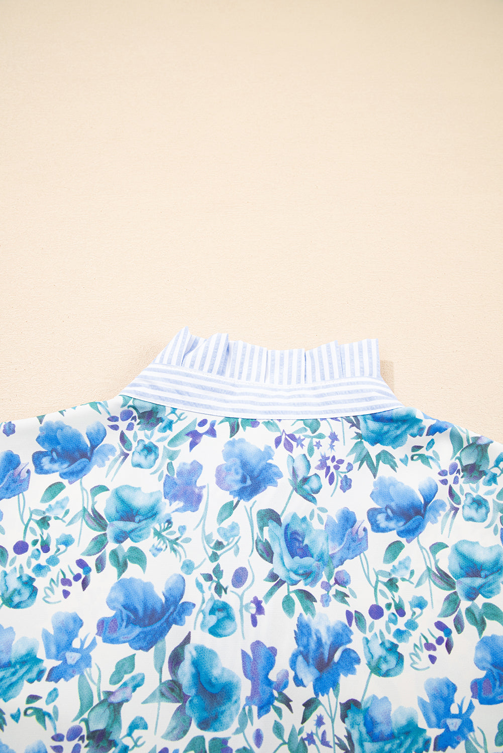 Blue Floral Print Striped Patchwork Collared Short Sleeve Blouse eAura