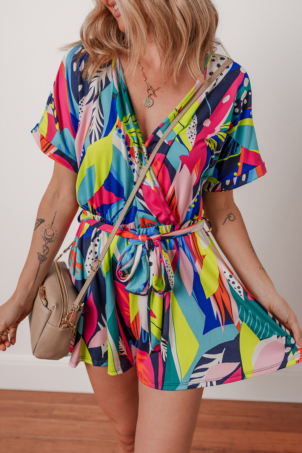 Multicolour Tropical Printed Tie Waist Romper eAura