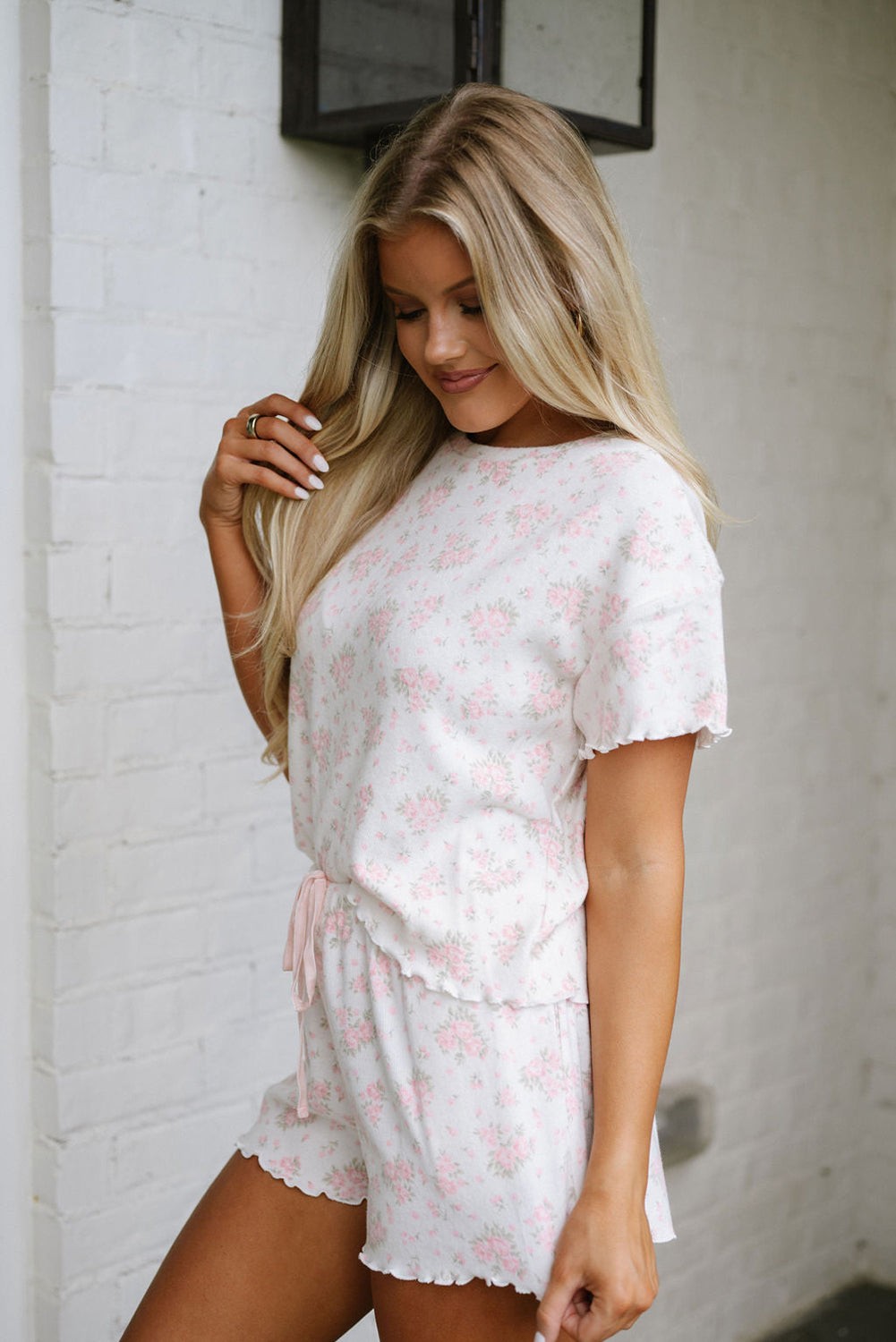 Pink Floral Lettuce Trim Tee and Shorts Ribbed Lounge Set eAura