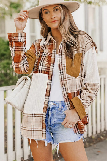 Orange Plaid Colour Block Patchwork Shirt Jacket with Pocket