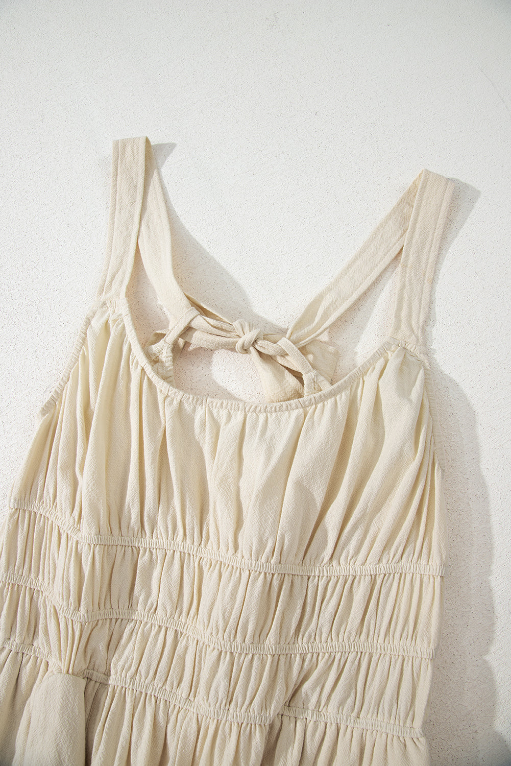 Beige Ruched High Waist Sleeveless Wide Leg Jumpsuit eAura