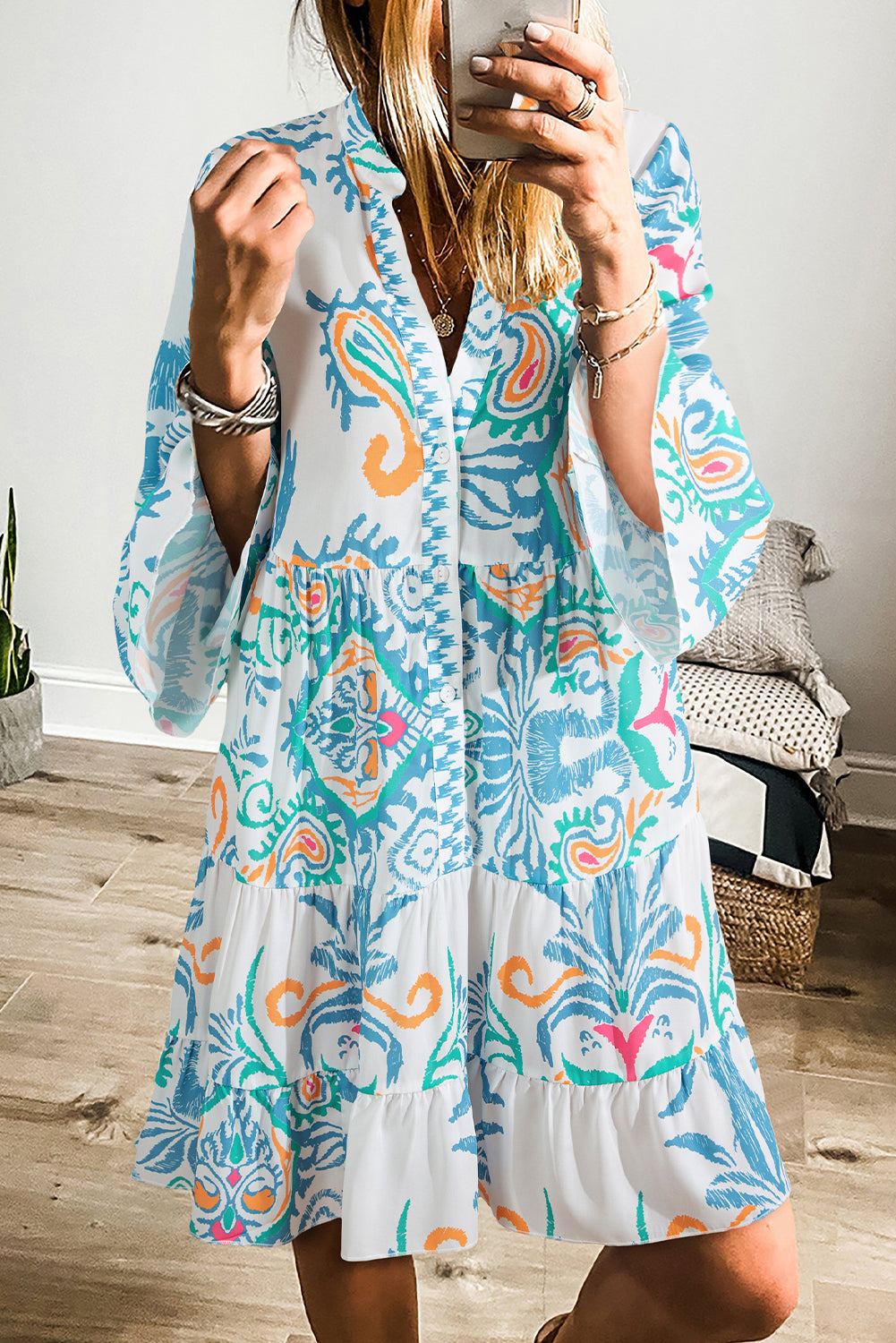 Tribal Bracelet Sleeve Buttoned Mini Dress – White Print