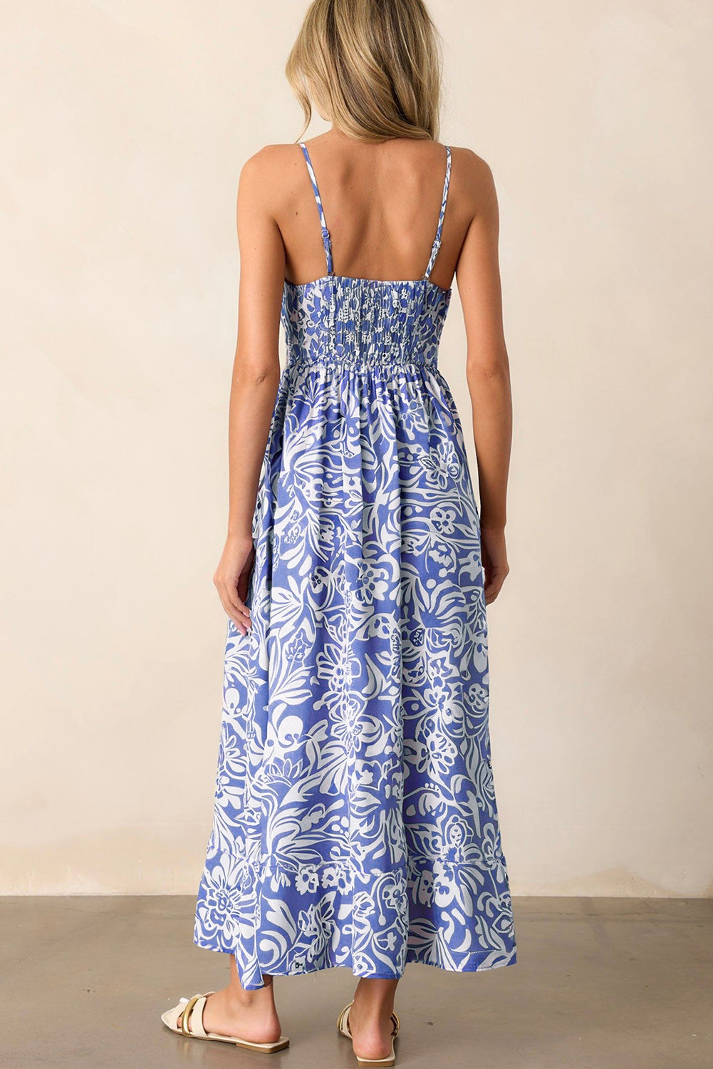 Sky Blue Floral Print Spaghetti Strap High Waist Maxi Dress eAura