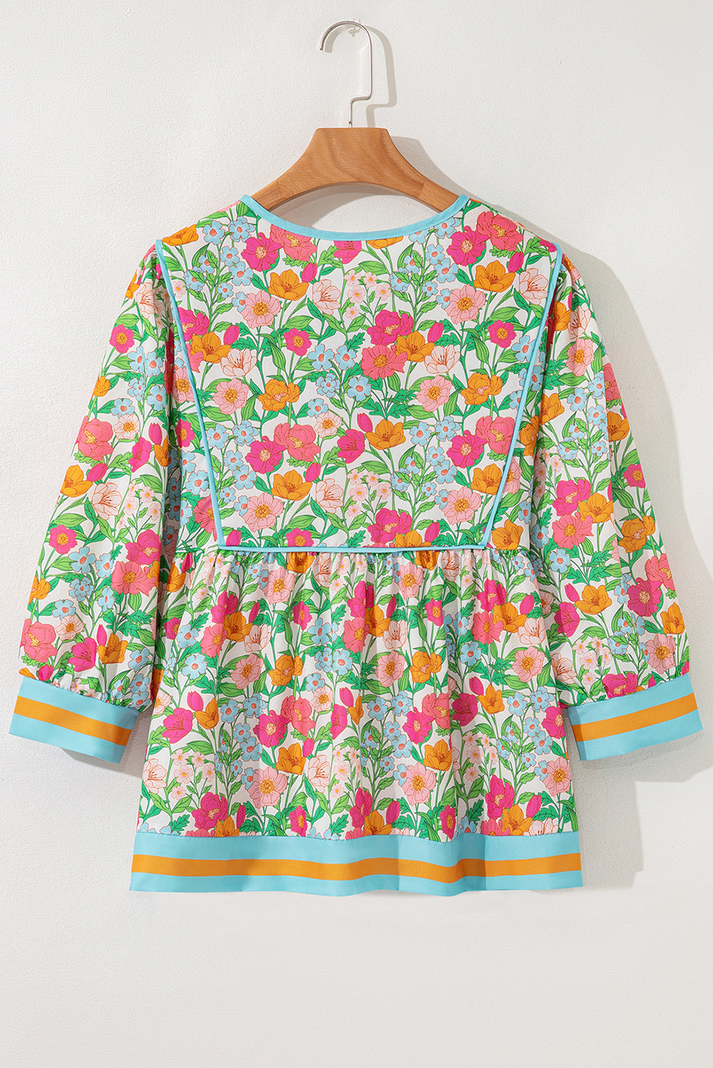 Floral Print Striped Trim Tie Neck Puff Sleeve Babydoll Blouse - eAura