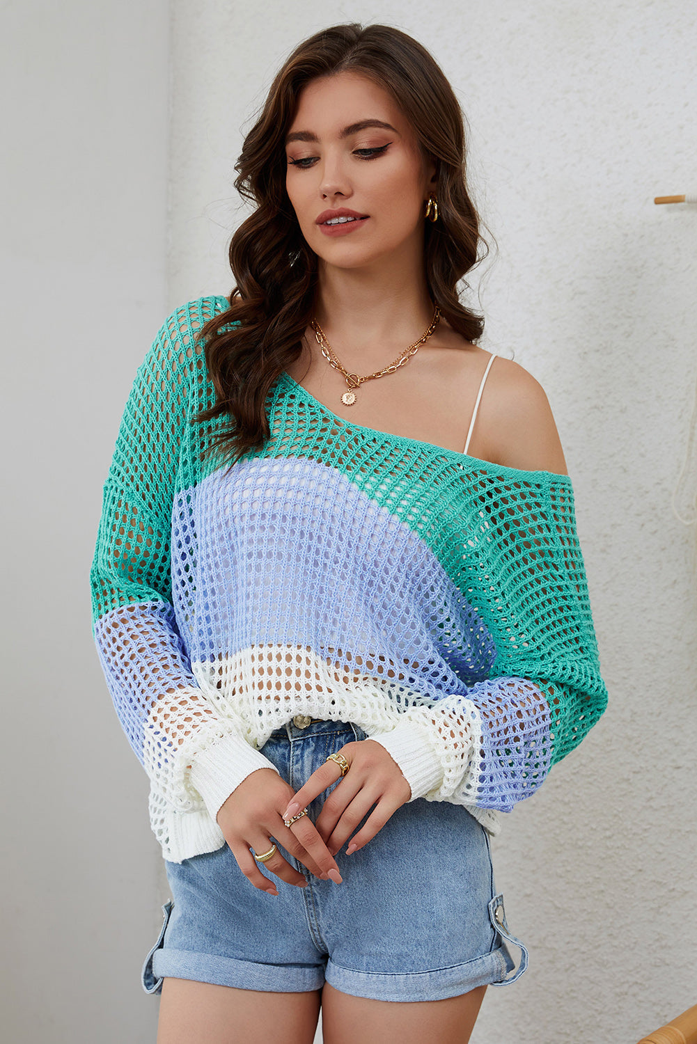 Black Colour Block Eyelet Long Sleeve Twisted Back Knit Top eAura