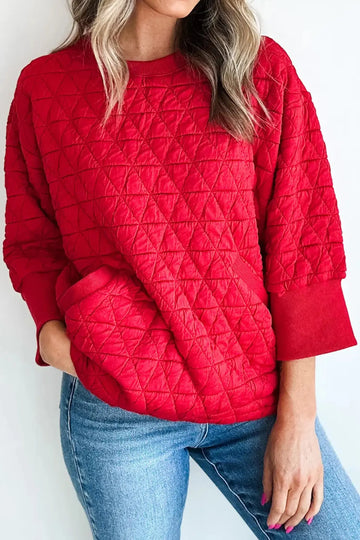 Fiery Red Quilted Diamond Pattern 3/4 Sleeve Pocketed Casual Top