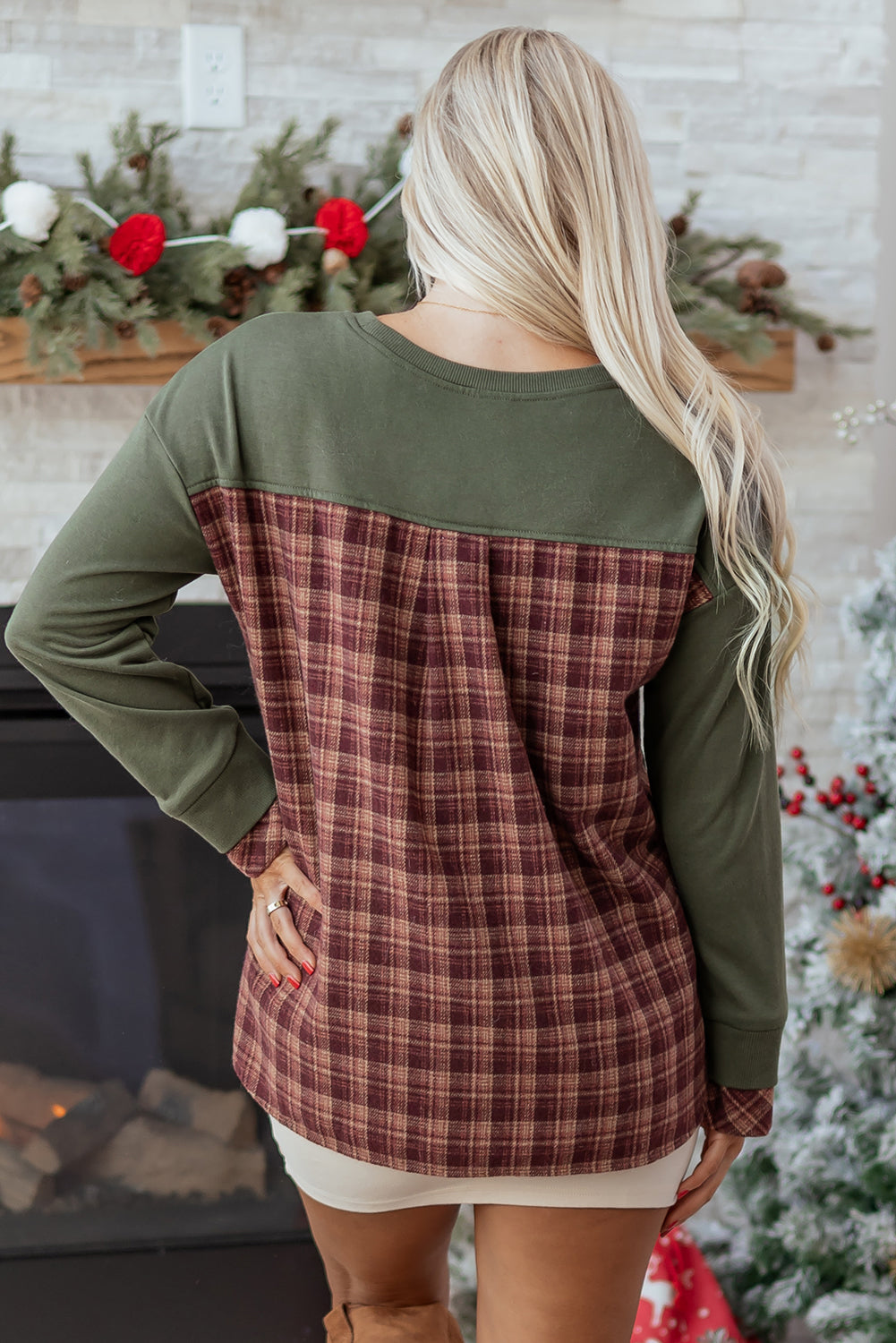 Green Plaid Patchwork Drop Shoulder Sweatshirt - eAura