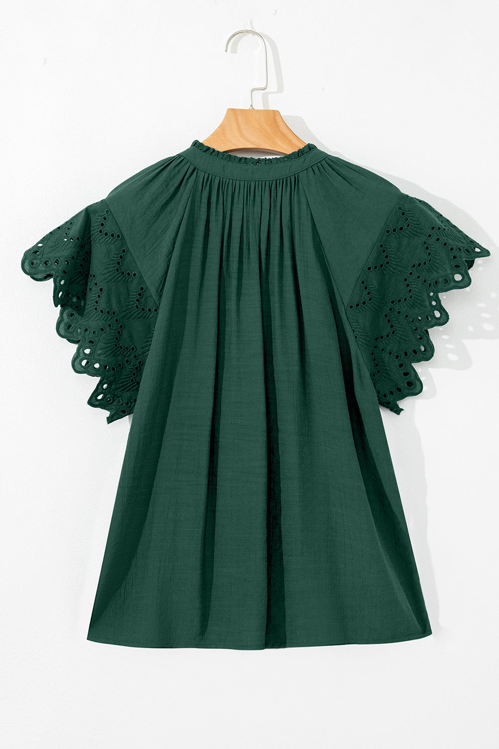 Green Bay Eyelet Embroidered Sleeve Tie V Neck Blouse eAura