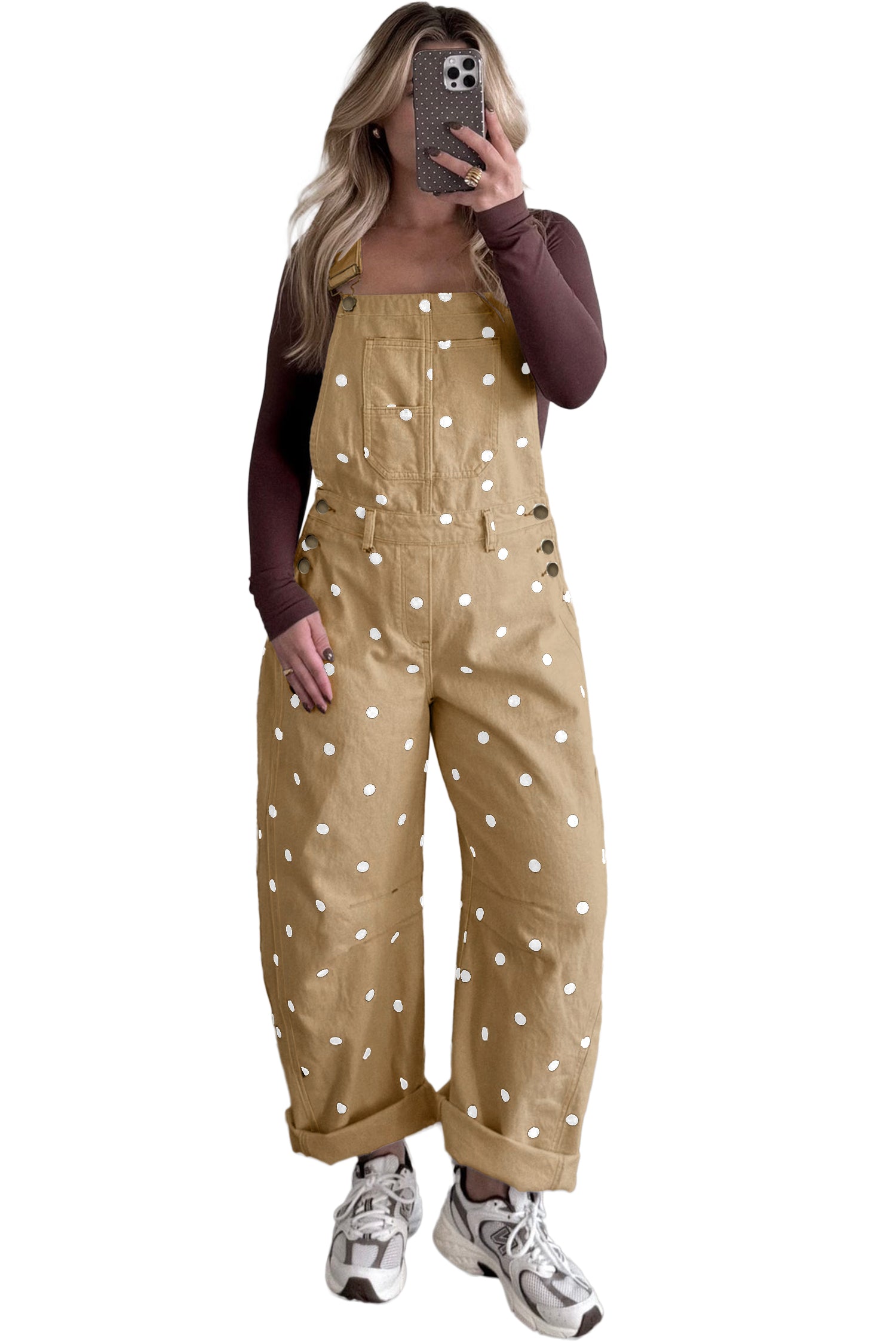 Polka Dot Print Bib Pocket Denim Barrel Overalls