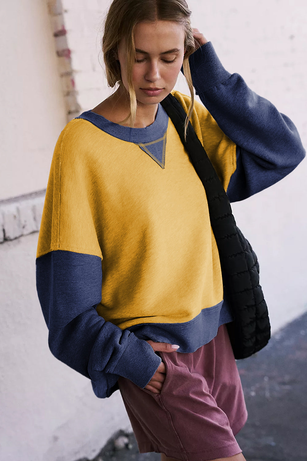 Apricot Colour Block Thumbhole Sleeve Drop Shoulder Sweatshirt eAura