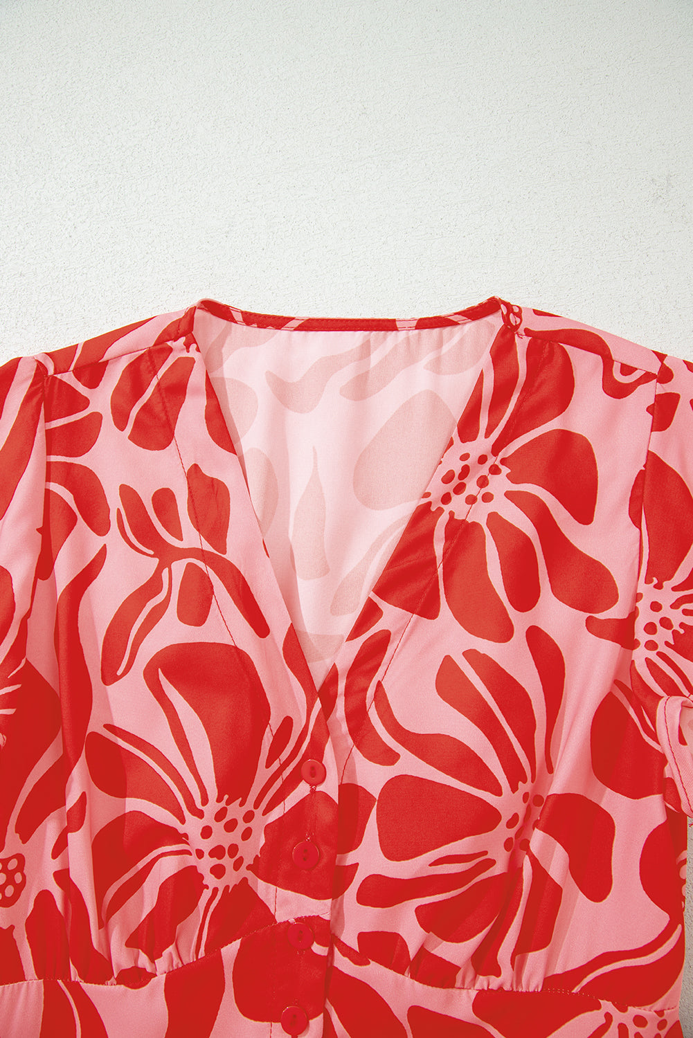 Floral Short Sleeve V-Neck Buttoned Shirred Waist Long Dress - eAura