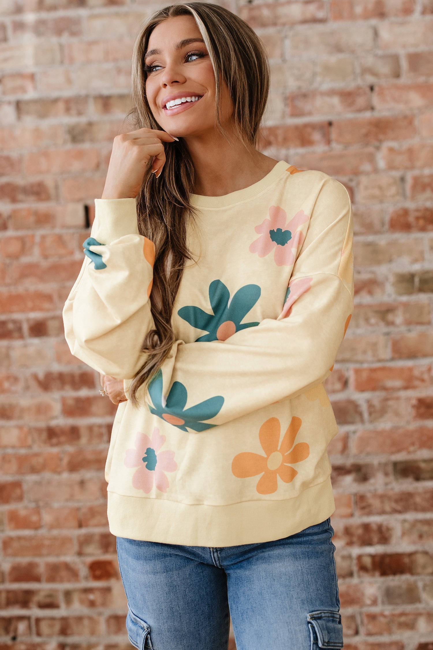 Mineral Washed French Terry Flower Print Sweatshirt - eAura