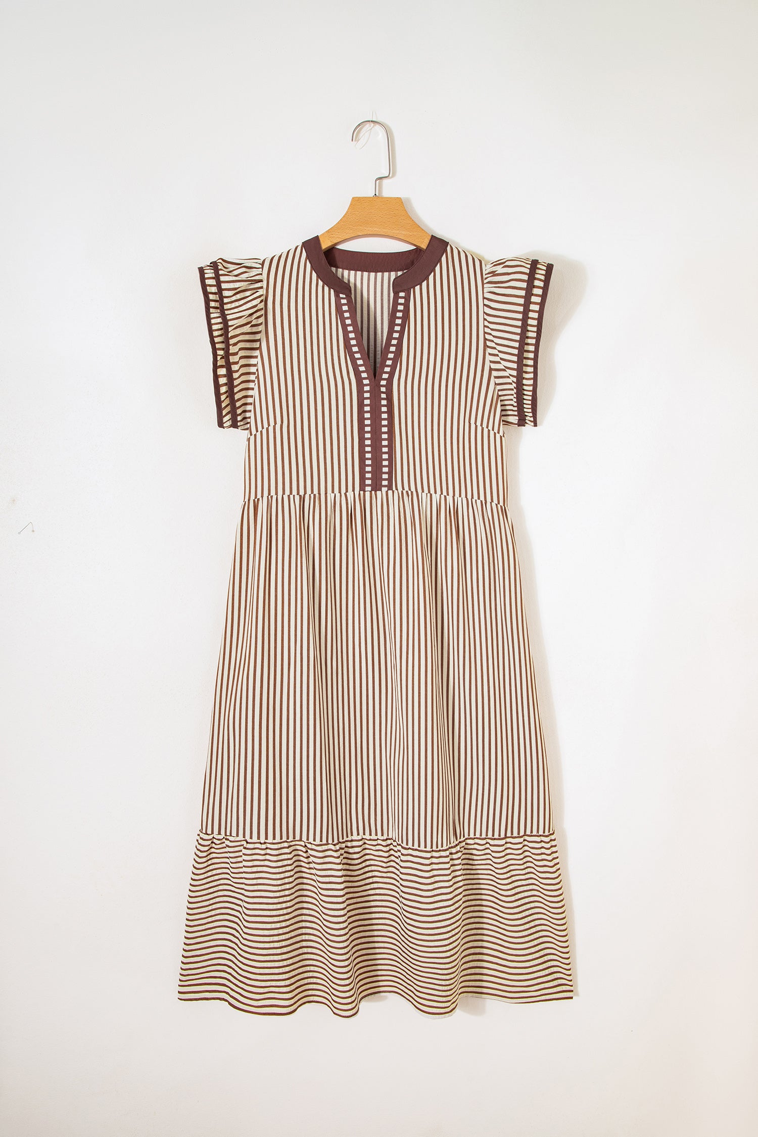 Striped Double Ruffled Short Sleeve Contrast Trim V-Neck Midi Dress