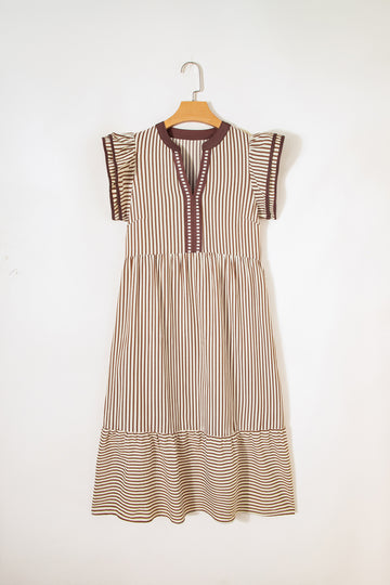 Striped Double Ruffled Short Sleeve Contrast Trim V-Neck Midi Dress