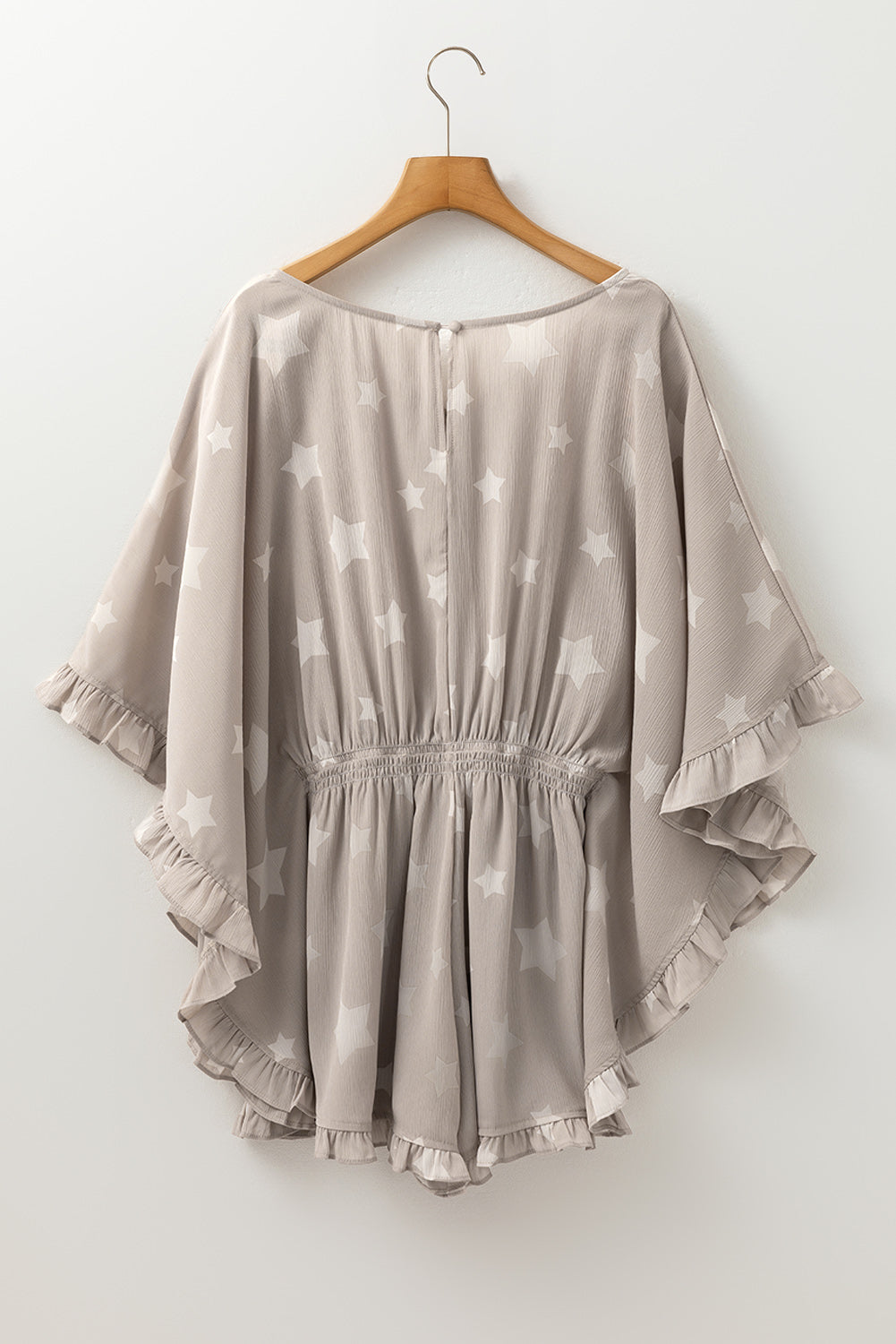 Grey Star Print Crinkle Textured Kimono Ruffle Sleeve Romper eAura