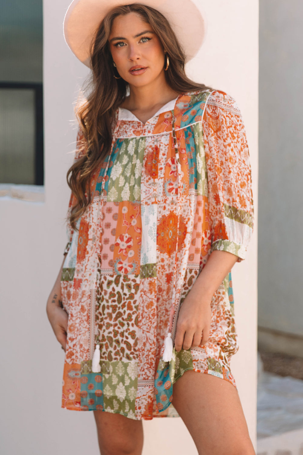 Orange Boho Paisley Mixed Print 3/4 Sleeve Chiffon Loose Dress eAura