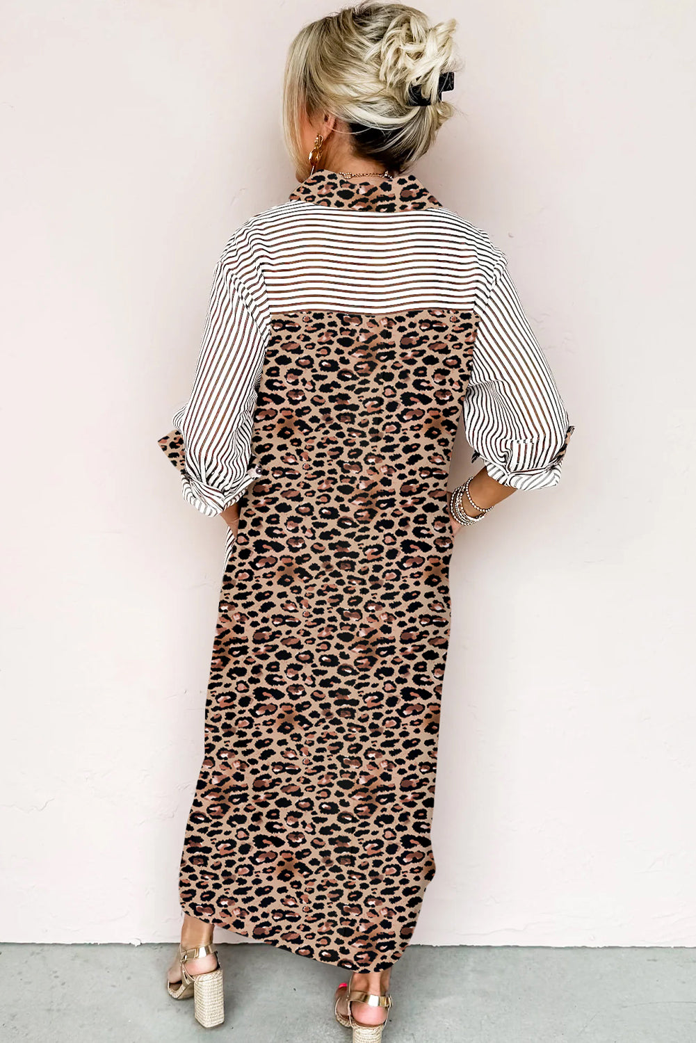 Stripe Contrast Leopard Patchwork Long Shirt Dress with Slits