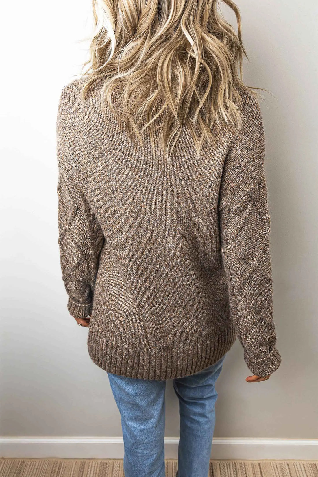 High Neck Drop Shoulder Cable Knit Regular Length Sweater