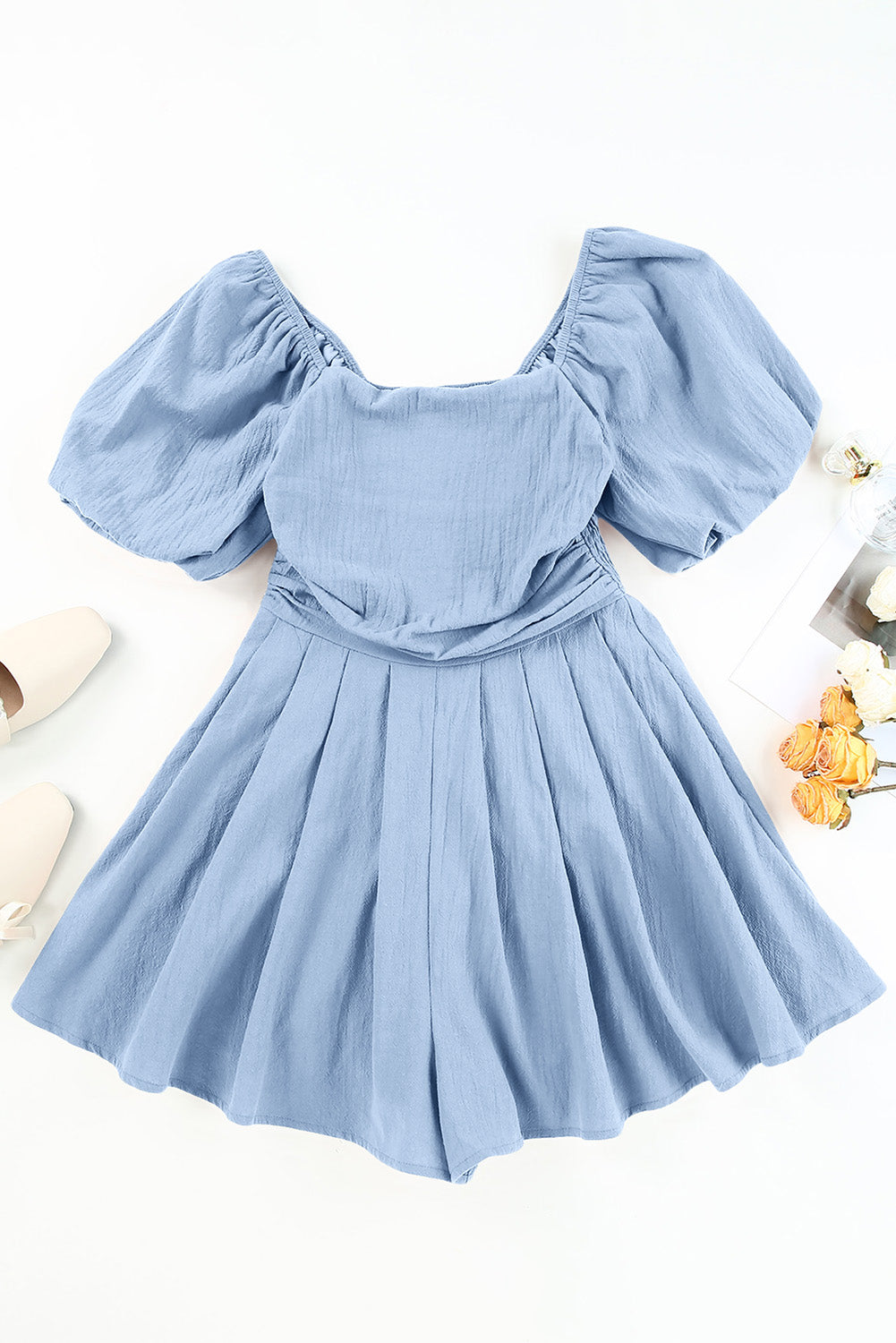 Square Neck Ruched Puff Sleeve Romper