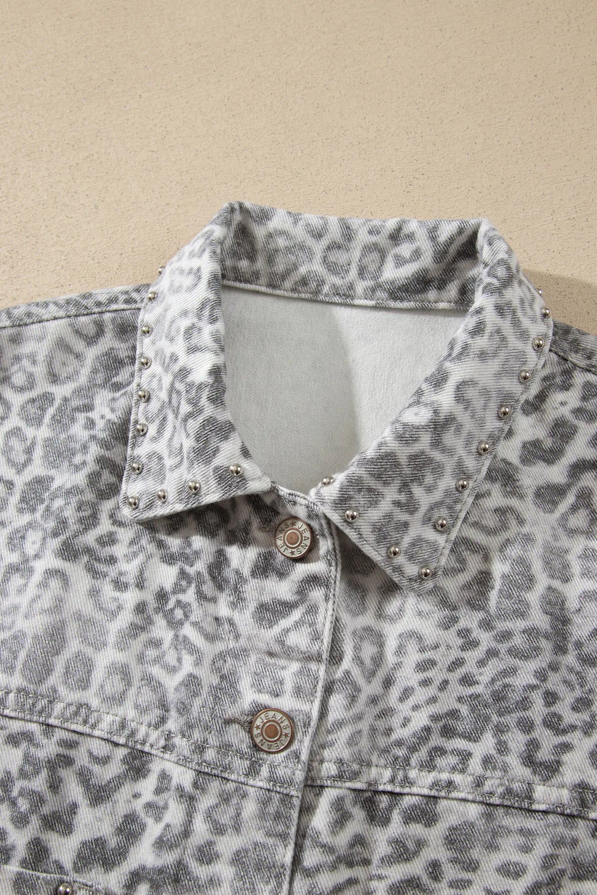 Leopard Print Studded Collar Studded Patch Pocket Denim Jacket – Khaki