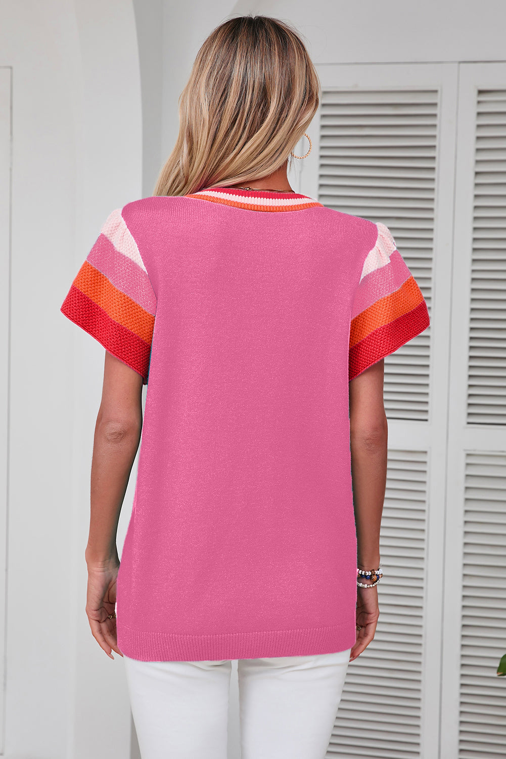 Turquoise Contrast Flutter Sleeves Knitted Sweater T Shirt eAura
