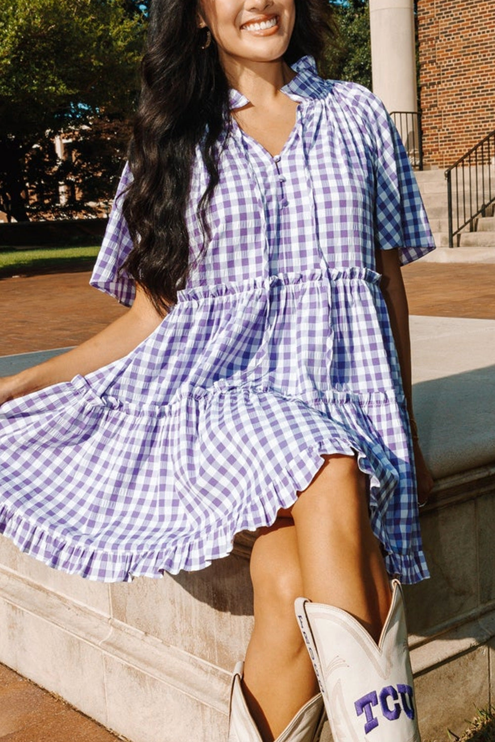 Lavendula Plaid Ruffle Wide Short Sleeve Babydoll Mini Dress eAura