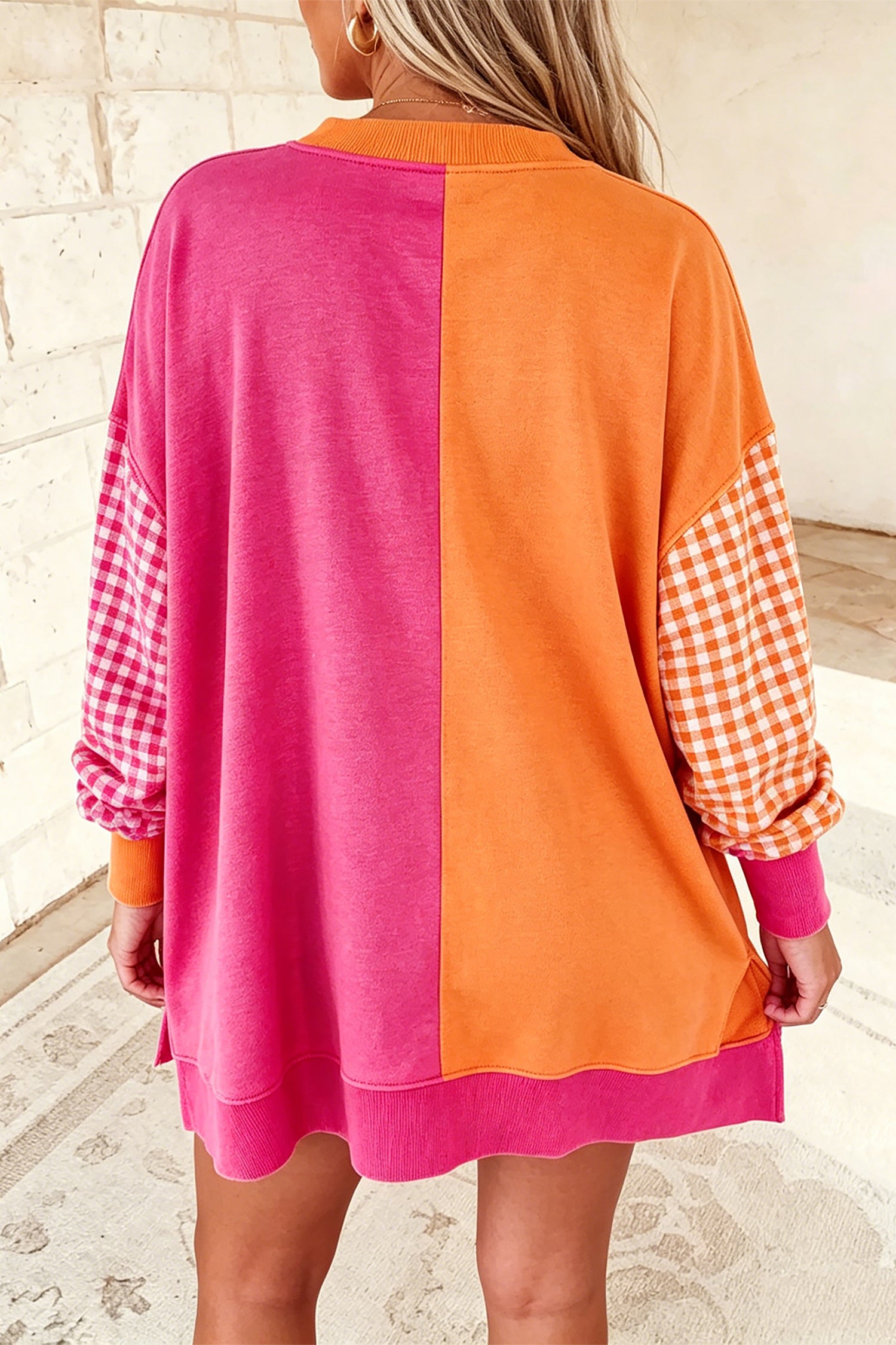 Colorblock Gingham Sleeve Crewneck Sweatshirt – Rose Red