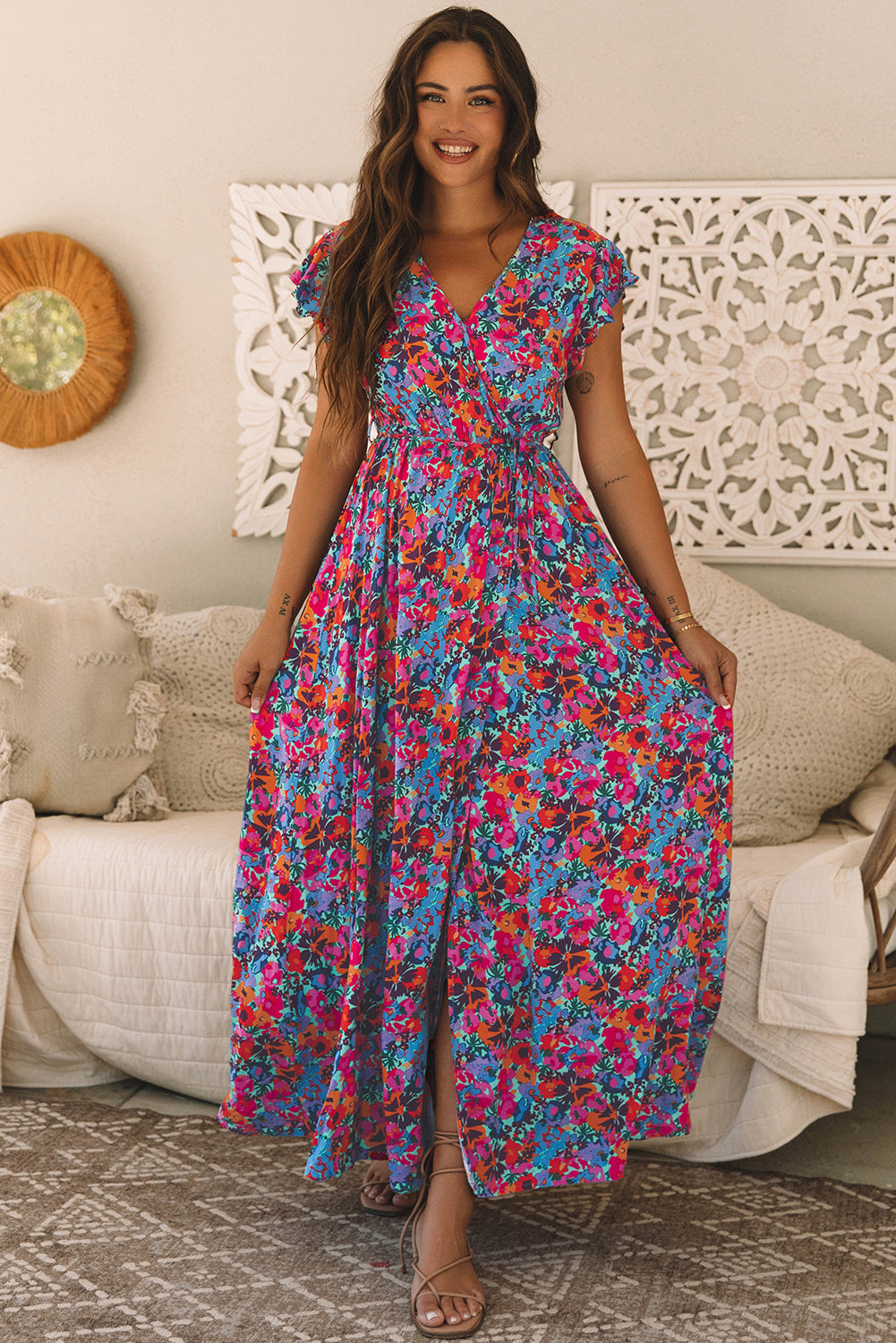 Blue Floral Print V Neck Wrap Split Maxi Dress eAura
