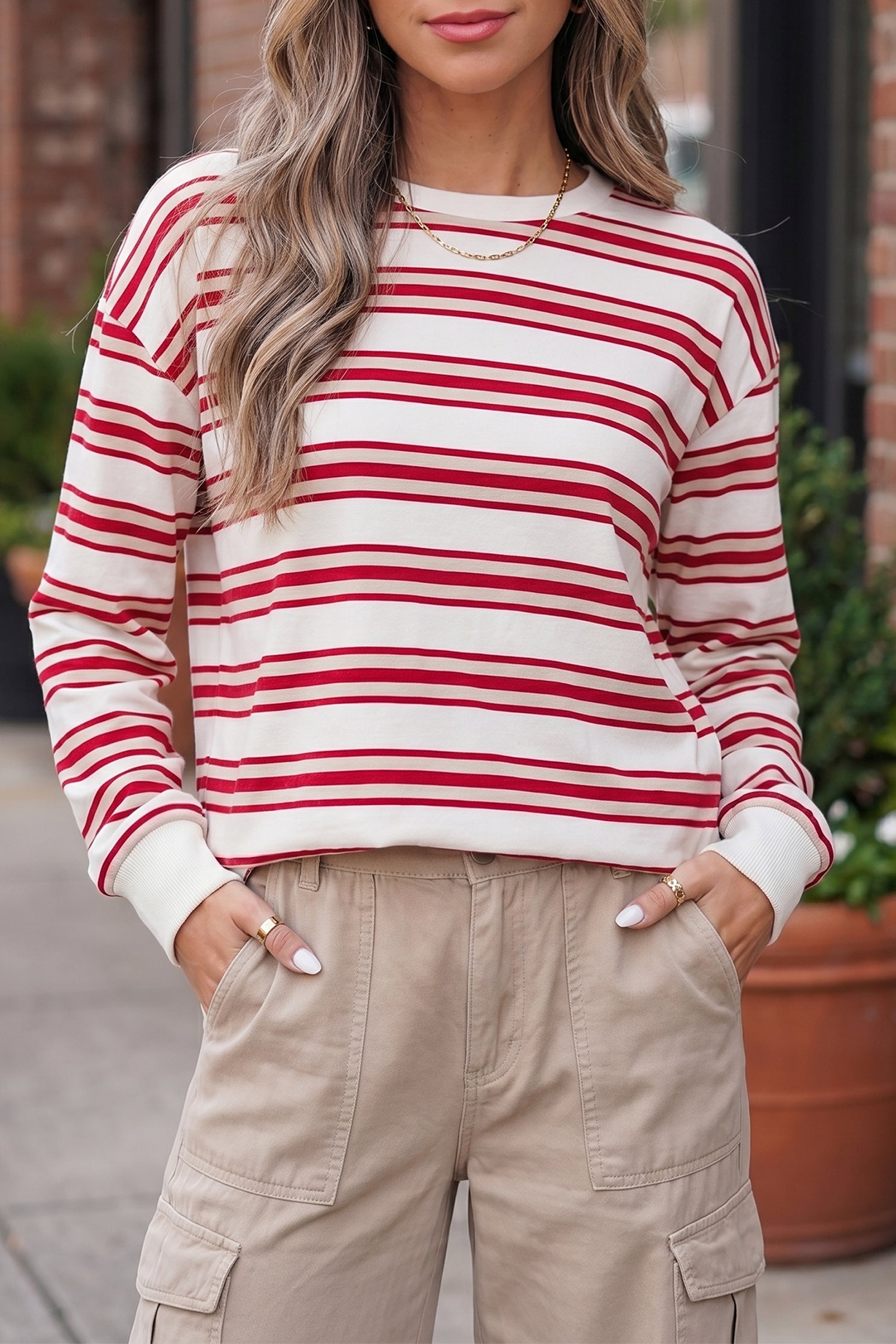 Dropped Shoulder Long Sleeve Casual Pullover Top – Red Stripe