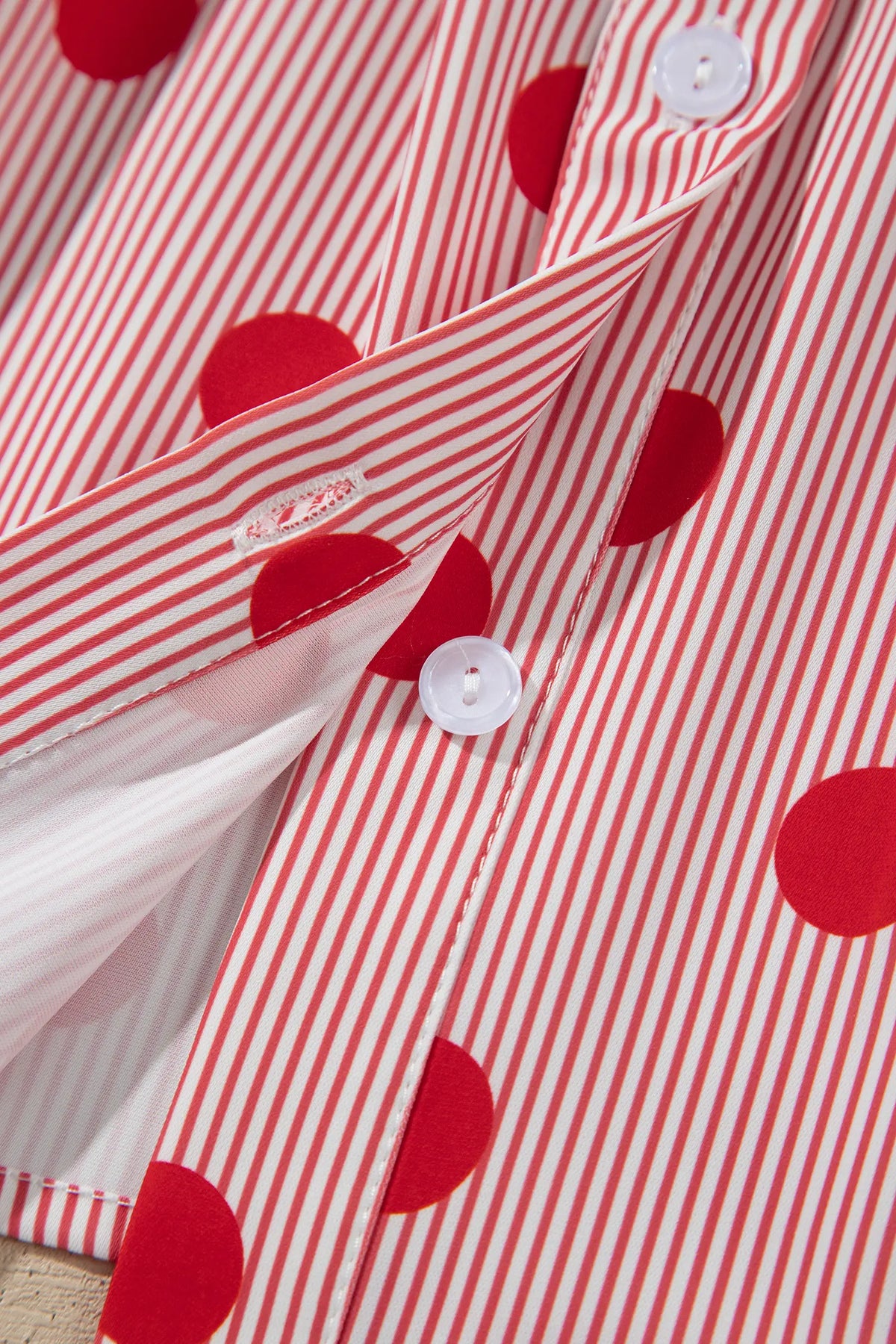 Polka Dot Striped Print Ruffle Stand Neck 3/4 Sleeve Shift Shirt – Fiery Red