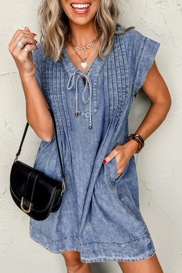 Beau Blue Tie V-Neck Tucking Detail Short Sleeve Denim Shift Dress - eAura