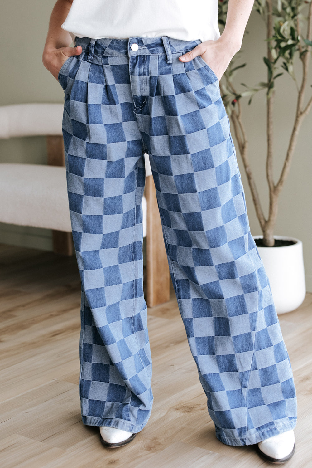 Dark Grey Checkered Denim Wide Leg Jeans eAura