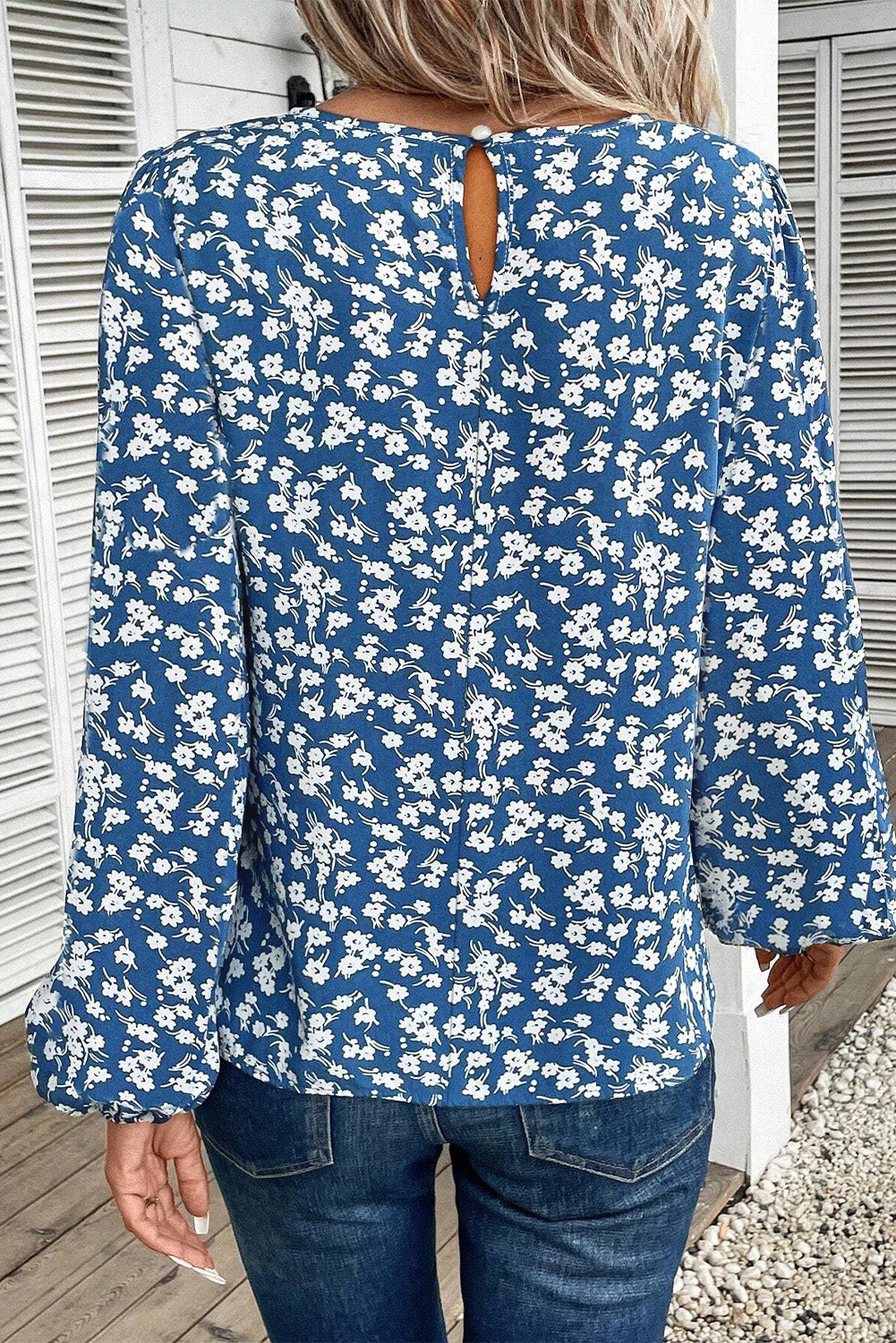 Blue Ditsy Floral Print Lantern Sleeve Blouse eAura
