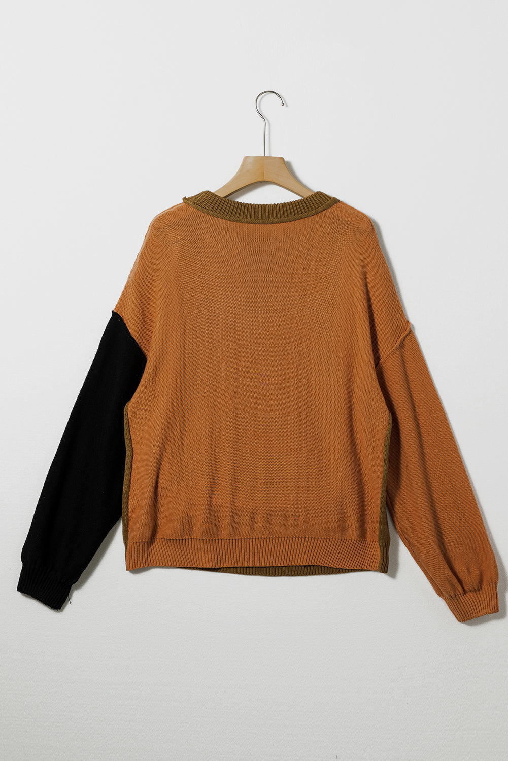 Pink Colourblock Bishop Sleeve Ribbed Trim Sweater eAura