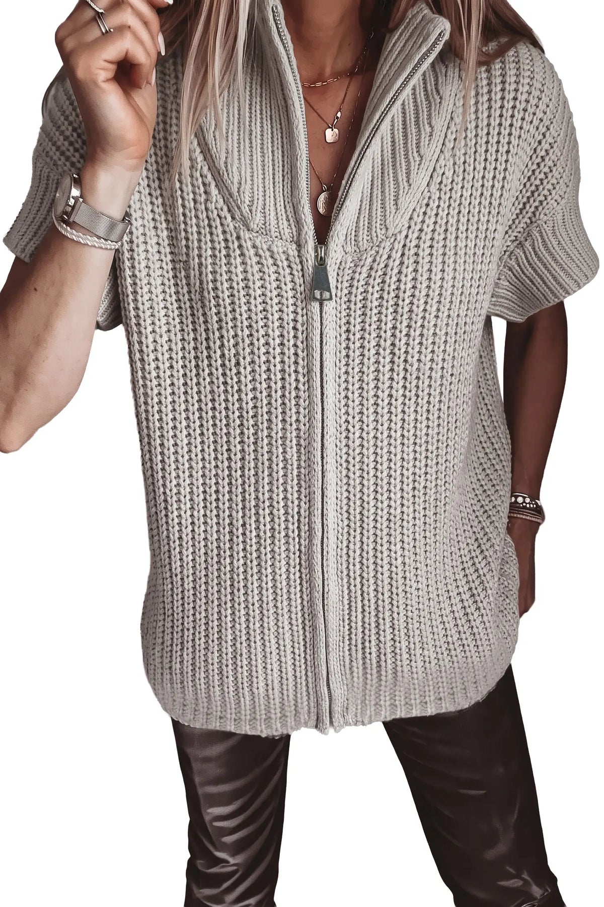 Jet Stream Solid Colour Short Sleeve Zipper Knit High Neck Sweater – Cream