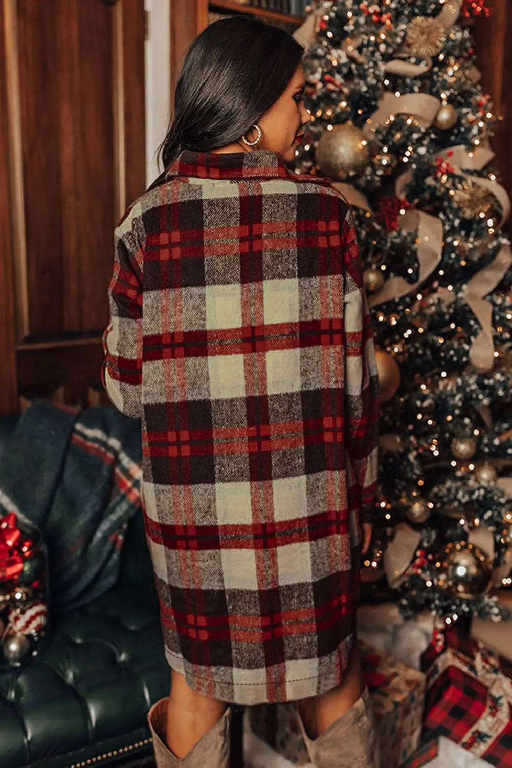 Brushed Plaid Buttoned Front Side Slit Tunic Shacket