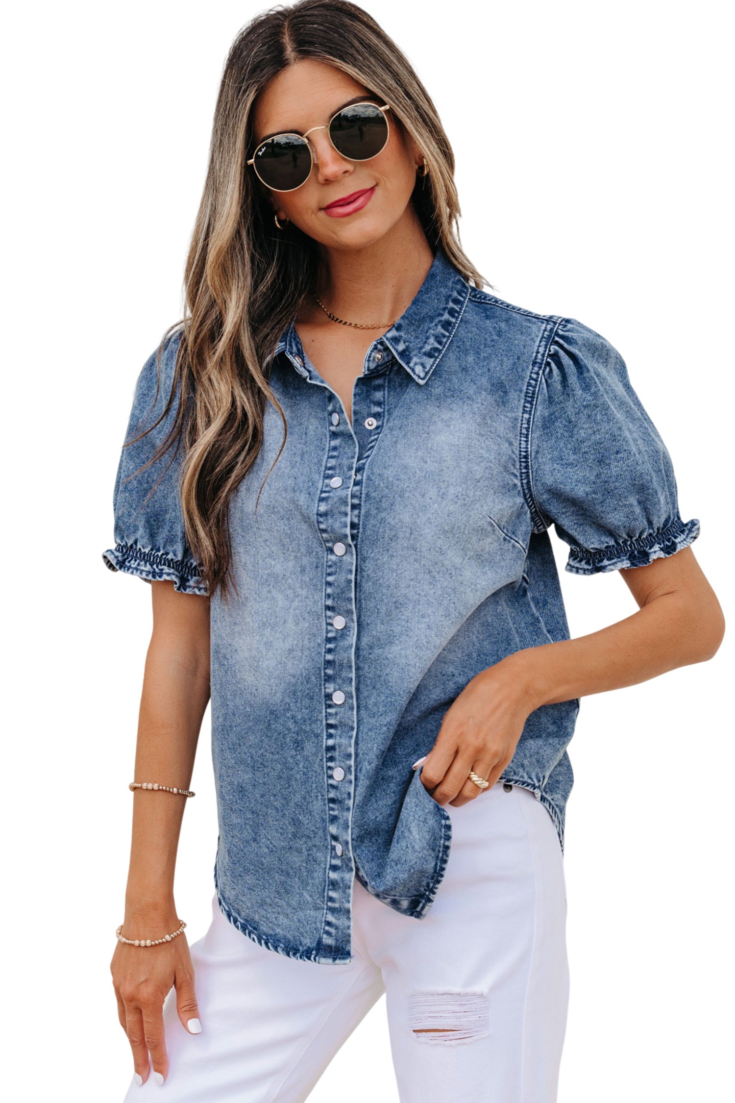Frilled Short Sleeve Snap Button Denim Shirt
