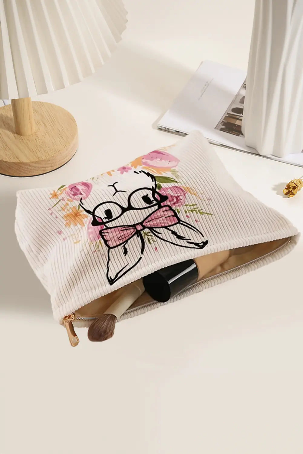Easter Bunny Print Ribbed Makeup Storage Bag