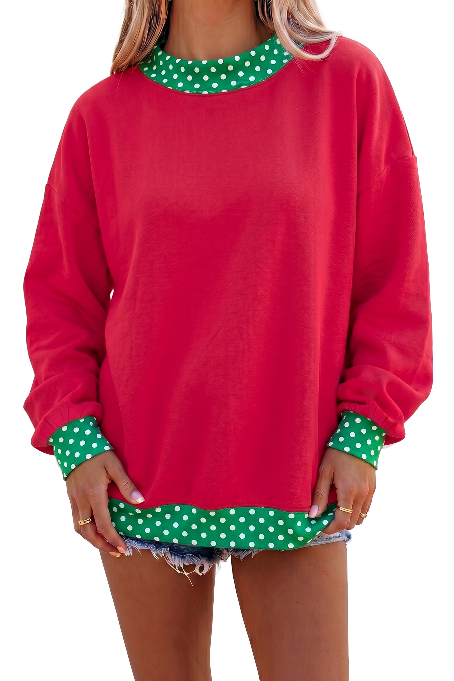 Colorblock Polka Dot Contrast Trim Oversized Sweatshirt – Red